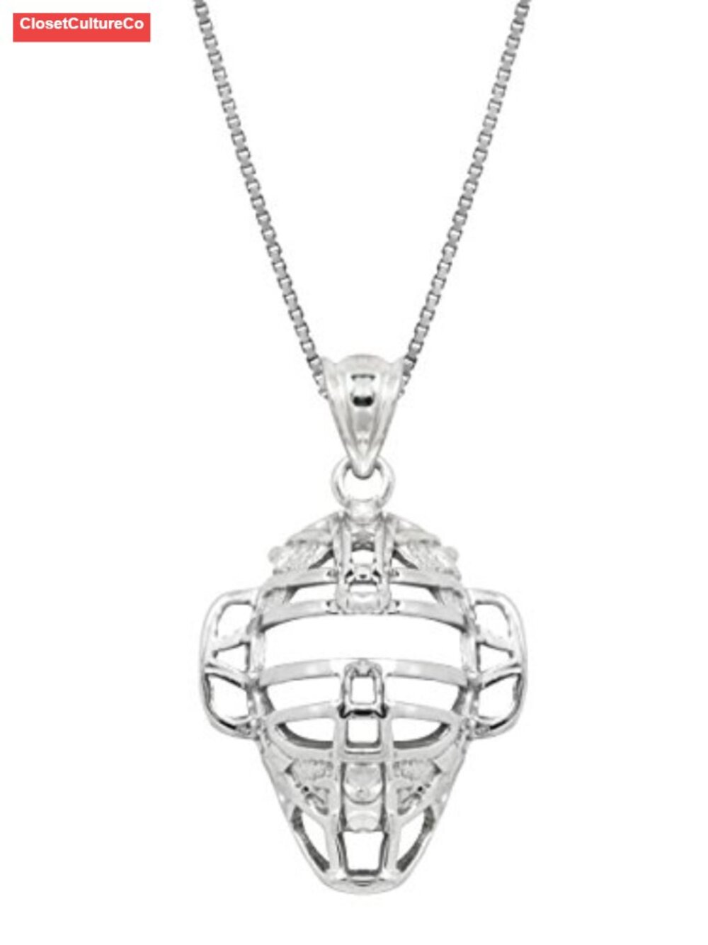 Sterling Silver Baseball Catcher Mask Pendant Necklace 18" Box Chain